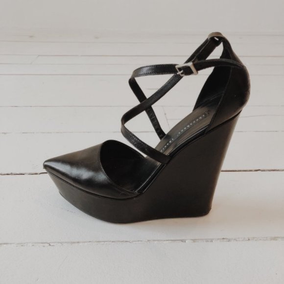 Theyskens' Theory leather pointed toe criss cross ankle strap platform wedge - Picture 7 of 11